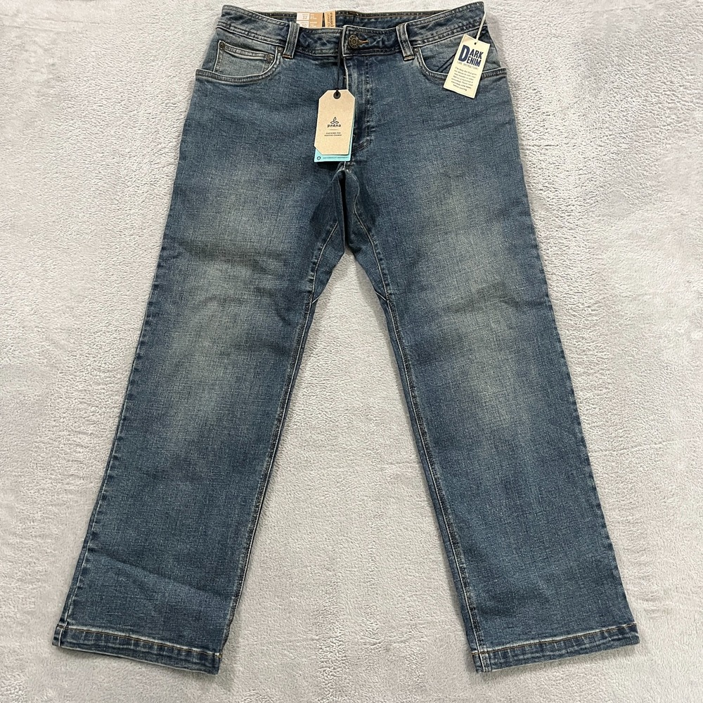 prAna Axiom Jeans Men 32x30 Straight Leg Stone Wash Denim Stretch Western Cowboy